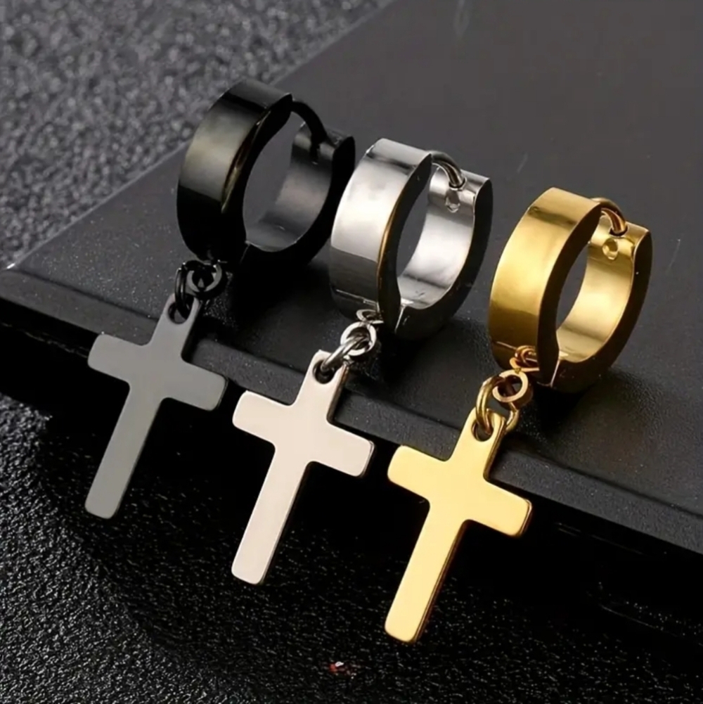 3 Pair Stainless Steel Cross Earrings Buckle